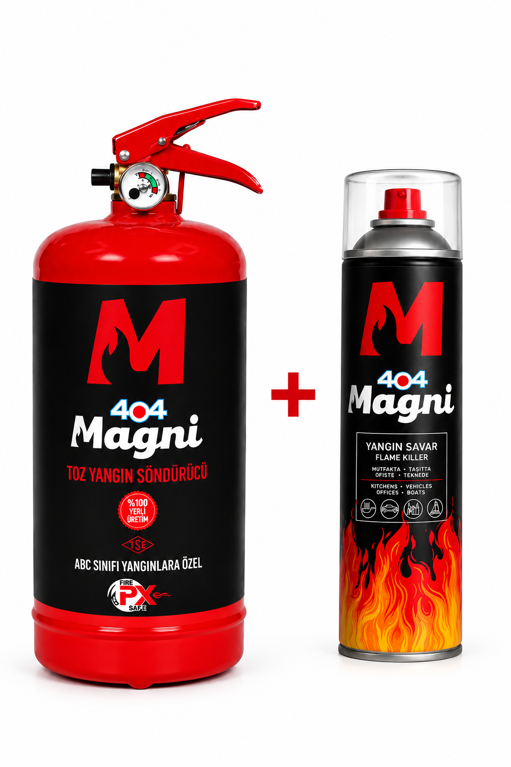 404 Magni Yangın Güvenlik Seti | 2 KG ABC Yangın Tüpü + 500 ML Yangın Savar Aerosol | Ev, Araç ve İş Yeri İçin