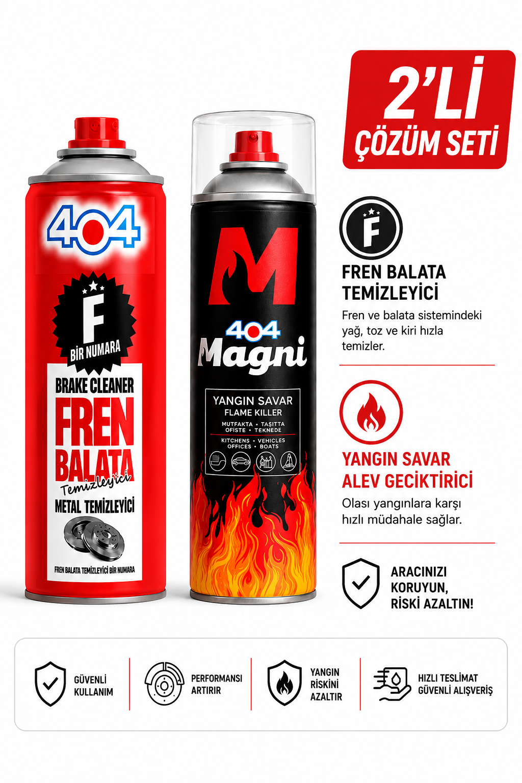 404 Magni Yangın Söndürücü Sprey 500ml + 404 F1 Fren Balata Spreyi 500ml Bakım ve Güvenlik Paketi